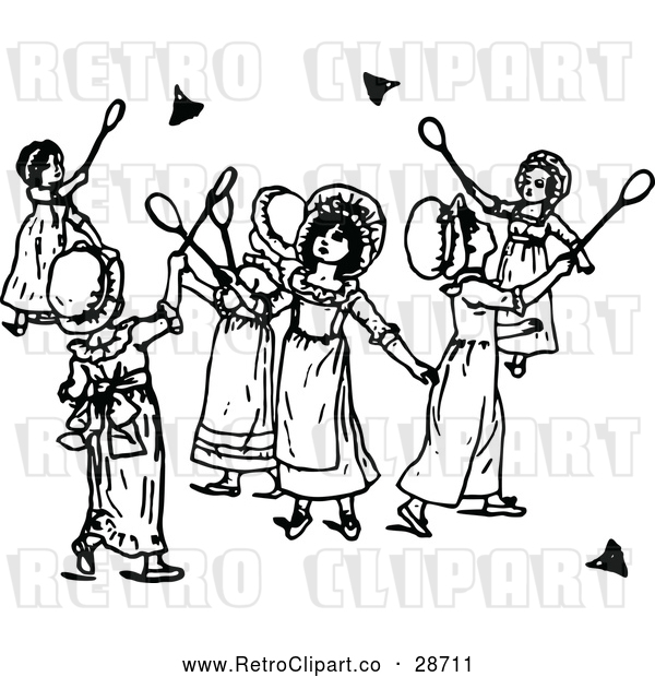 Clipart of Retro Girls Playing Badminton