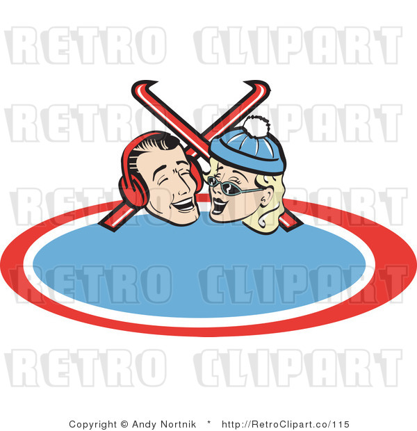 Retro Vector Clip Art of a Couple with Skis