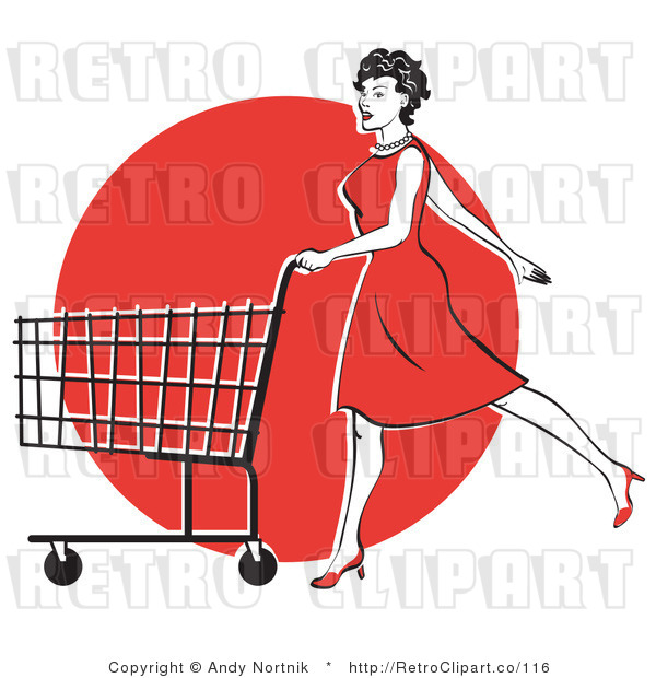 Retro Vector Clip Art of a Lady Shopping in a Red Dress