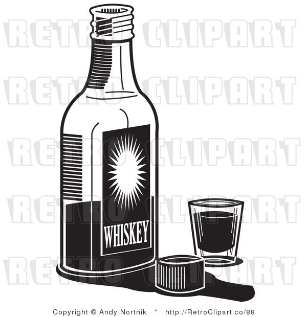 Royalty Free Retro Vector Clip Art of a Black and White Bottle of Whiskey