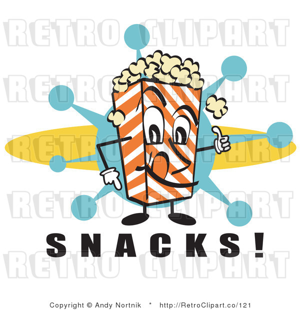 Royalty Free Retro Vector Clip Art of a Popcorn Carton Character with Snacks Text
