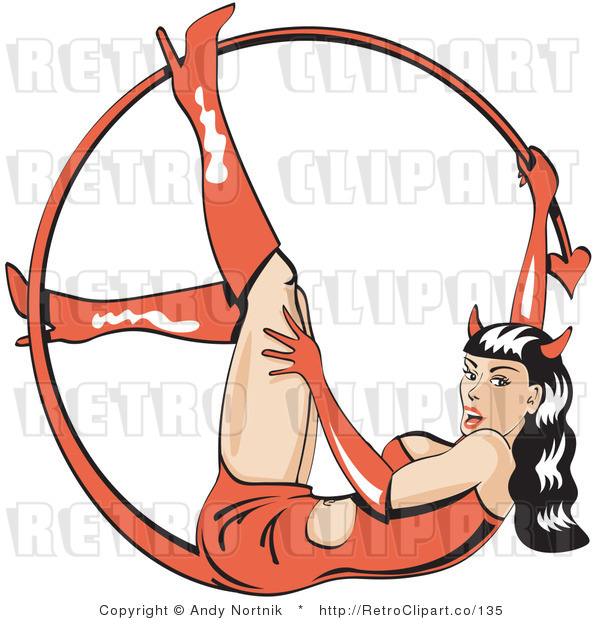 Royalty Free Retro Vector Clip Art of a She Devil Holding Her Tail