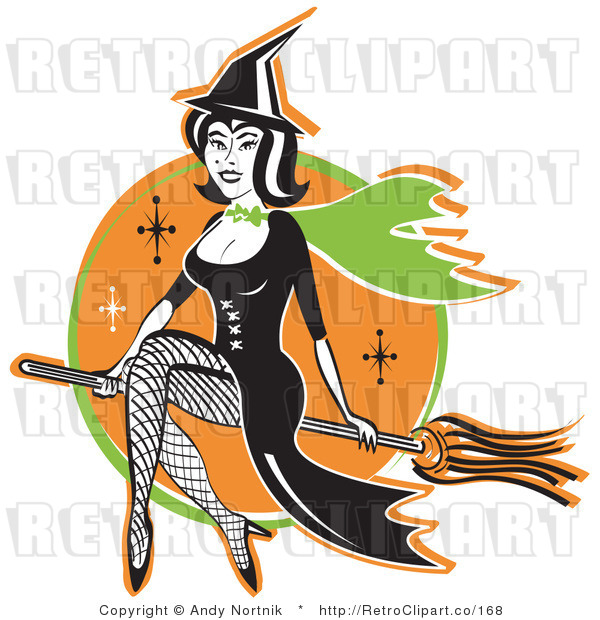 Royalty Free Retro Vector Clip Art of a Witch Riding Her Broom Stick