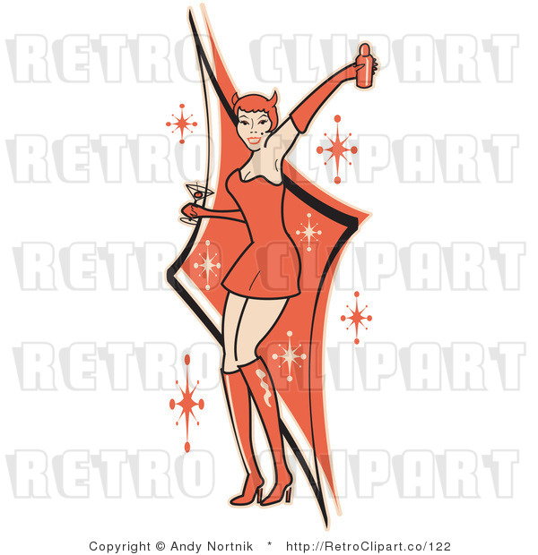 Royalty Free Retro Vector Clip Art of a Woman Dancing in an Orange Costume
