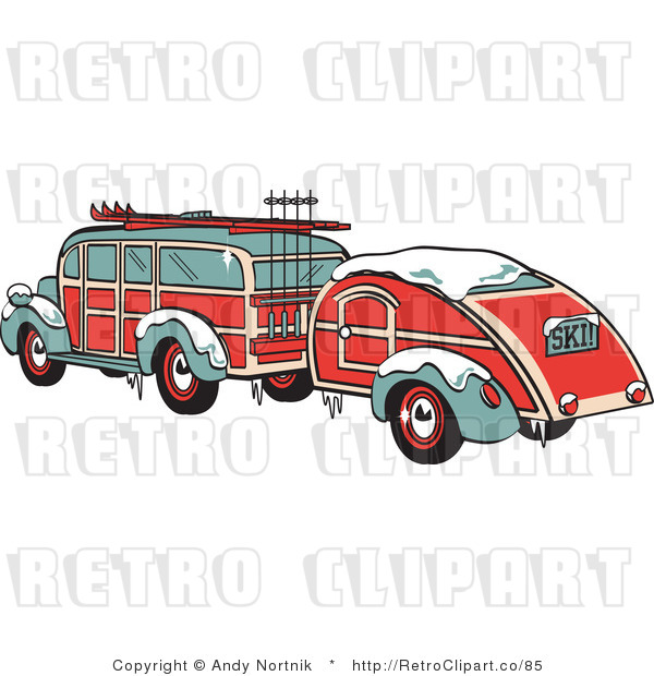 Royalty Free Retro Vector Clip Art of a Woodie Car and Trailer