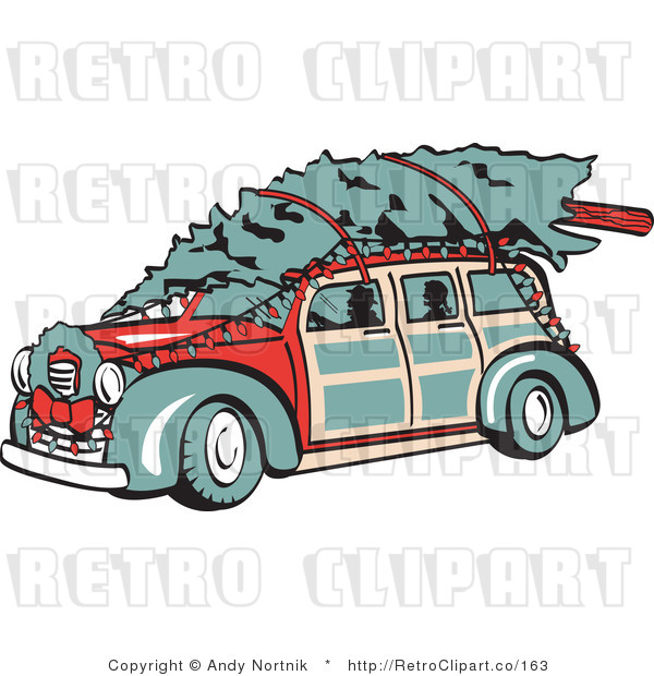 Royalty Free Retro Vector Clip Art of a Woody and Christmas Tree