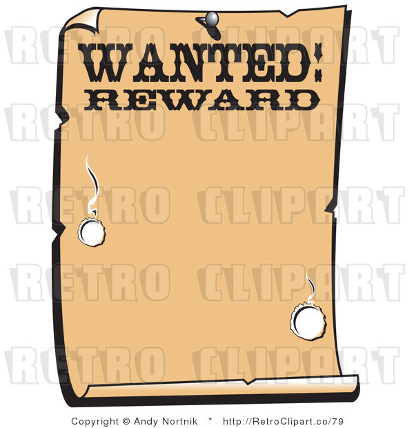 Royalty Free Vector Clip Art of an Old Looking Western Paper with the Word Wanted Rewards with Bullet Holes and Blank Copyspace