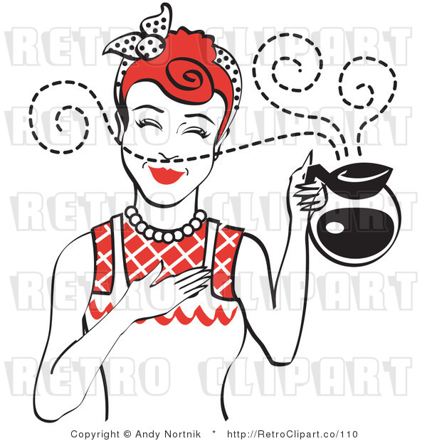 Royalty Free Vector Retro Clip Art of a 1950's Housewife Holding a Freshly Brewed Hot Pot of Coffee with Aroma Scents Swirling Around Her