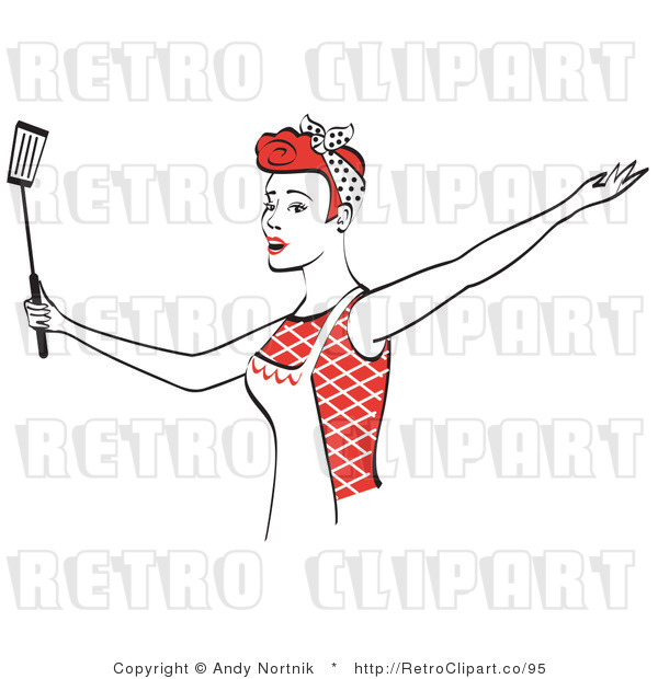 Royalty Free Vector Retro Clip Art of a 1950's Housewife Holding a Spatula While Presenting a New Product or Service for a Business