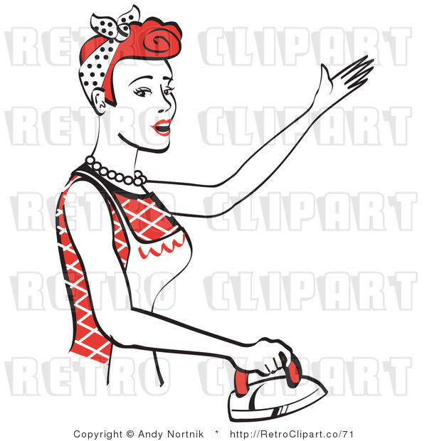 Royalty Free Vector Retro Clip Art of a 1950's Housewife or Maid Ironing Clothes