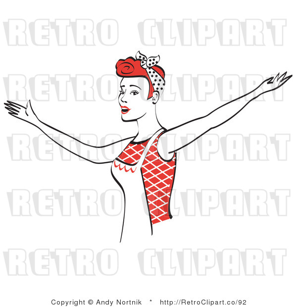 Royalty Free Vector Retro Clip Art of a 1950's Housewife or Maid Presenting a New Company Service or Business Product