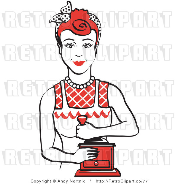 Royalty Free Vector Retro Clip Art of a 1950's Housewife or Maid Woman Using a Manual Coffee Grinder
