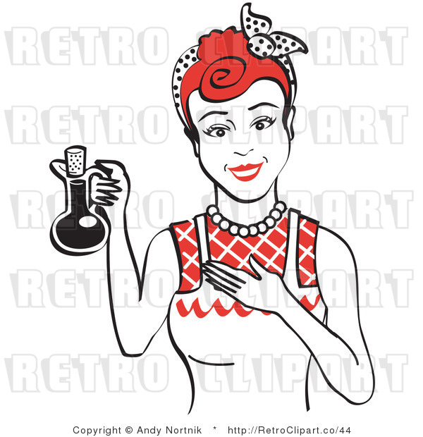 Royalty Free Vector Retro Clip Art of a 1950's Housewife Presenting a Full Bottle of Cooking Oil
