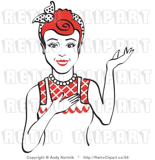 Royalty Free Vector Retro Clip Art of a 1950's Housewife, Waitress or Maid Standing with Presentation Stance