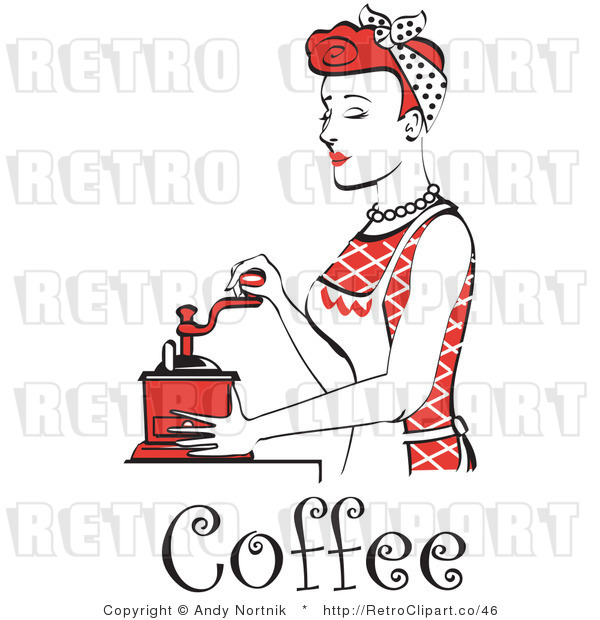 Royalty Free Vector Retro Clip Art of a Red Haired 1950's Housewife or Maid Grinding Coffee Beans with a Manual Grinder