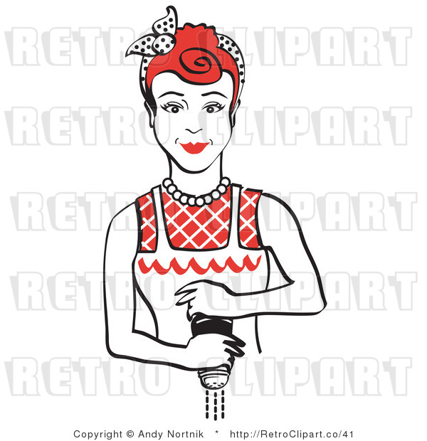 Royalty Free Vector Retro Clipart of a Housewife Grinding Fresh Pepper over Food