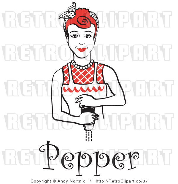Royalty Free Vector Retro Clipart of a Red Haired Housewife Maid Grinding Fresh Pepper over Food While Cooking