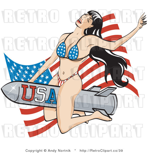 Royalty Free Vector Retro Clipart of a Sexy American Brunette Pin-Up Girl Riding a Rocket