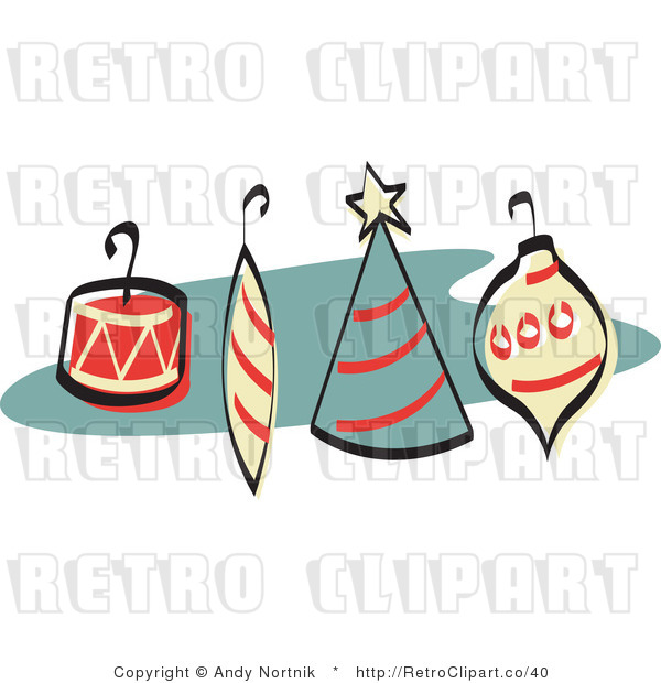 Royalty Free Vector Retro Clipart of Four Christmas Tree Ornaments with Hooks