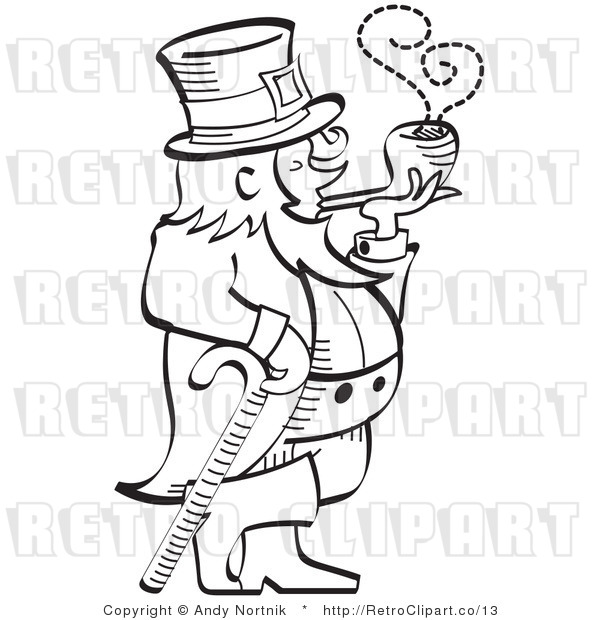 Royalty Free Vector Retro Illustration of a Black and White Line Art Leprechaun Leaning on a Cane While Smoking a Pipe
