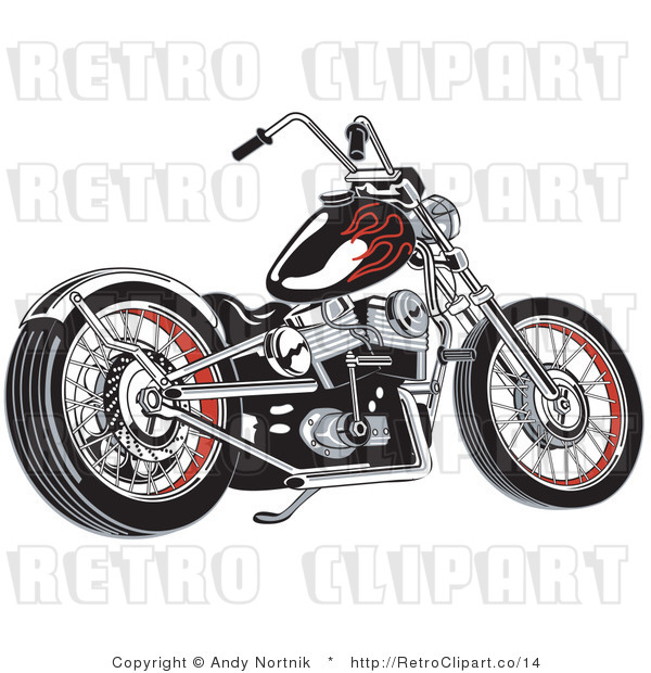 Royalty Free Vector Retro Illustration of a Black Motorcycle with Red Decal Flames on the Gas Tank