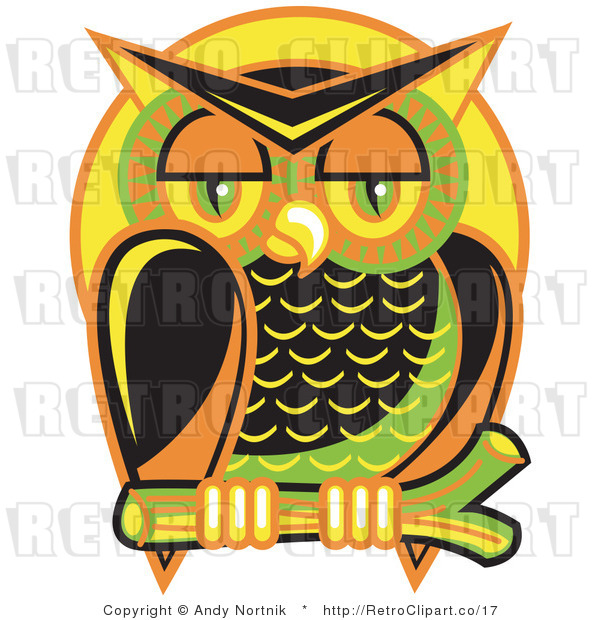 Royalty Free Vector Retro Illustration of a Colorful Owl Perched on a Branch at Night with a Full Moon Background
