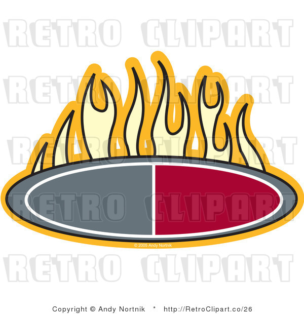 Royalty Free Vector Retro Illustration of a Flames Burning Above an Oval Red and Grey Icon