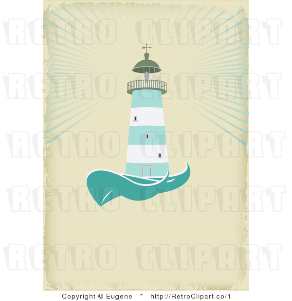 Royalty Free Vector Retro Illustration of a Green and White Lighthouse Beaconing Rays of Light over the Sea
