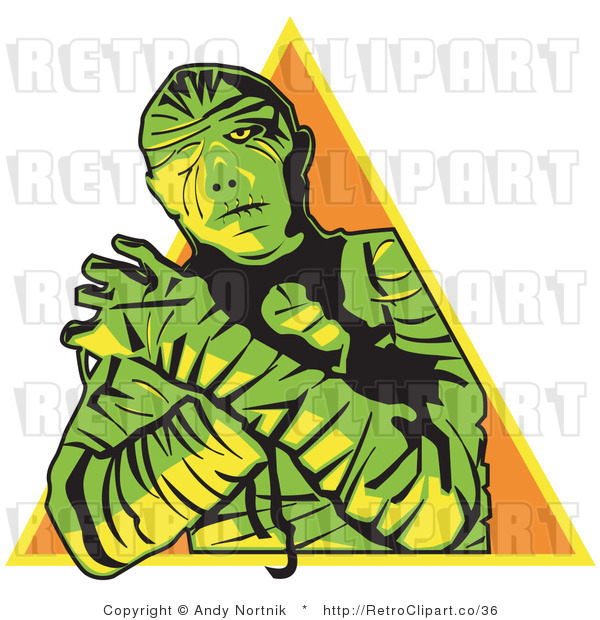 Royalty Free Vector Retro Illustration of a Green Mummy with Arms Crossed and Pyramid Background