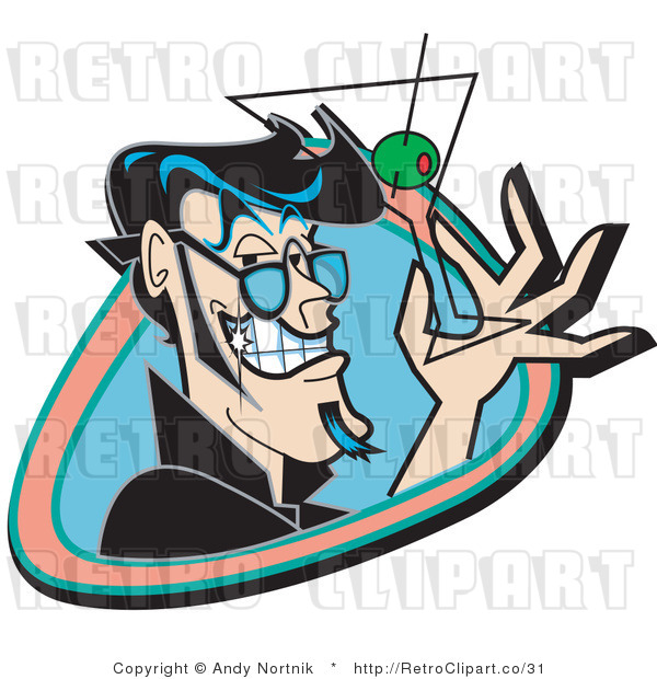 Royalty Free Vector Retro Illustration of a Grinning Man Holding an Empty Martini Glass with a Green Olive and Toothpick