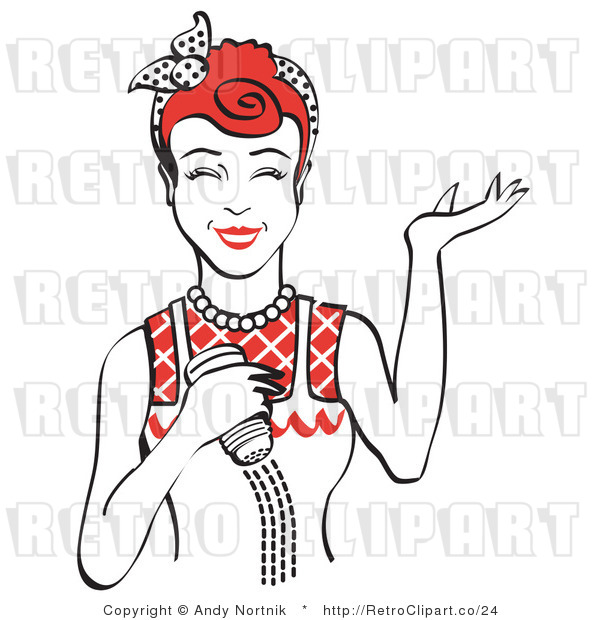Royalty Free Vector Retro Illustration of a Happy Red Haired Female Chef Using a Salt Shaker While Cooking