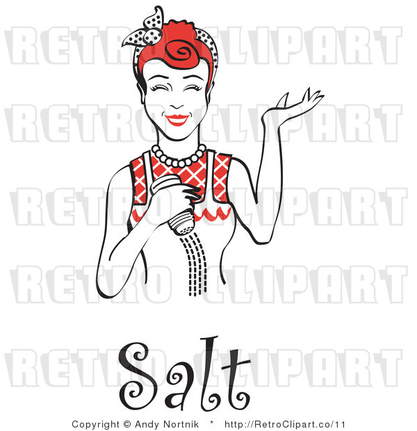Royalty Free Vector Retro Illustration of a Happy Red Haired Female Chef Using Salt Shaker While Cooking