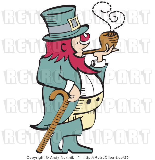 Royalty Free Vector Retro Illustration of a Leprechaun Leaning on Cane While Smoking a Wooden Tobacco Pipe