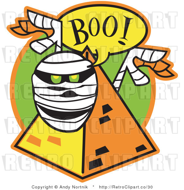 Royalty Free Vector Retro Illustration of a Mummy with Glowing Green Eyes Jumping out of a Pyramid While Screaming Boo!