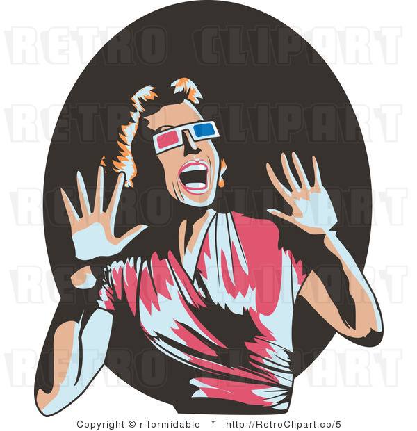 Royalty Free Vector Retro Illustration of a Scared Woman Wearing 3d Glasses, Screaming and Waving Her Hands Around
