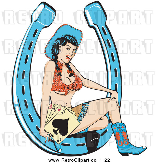 Royalty Free Vector Retro Illustration of a Sexy Brunette Pin-up Cowgirl Wearing Halter Top and Mini Skirt While Sitting on a Lucky Horseshoe and Holding Playing Cards