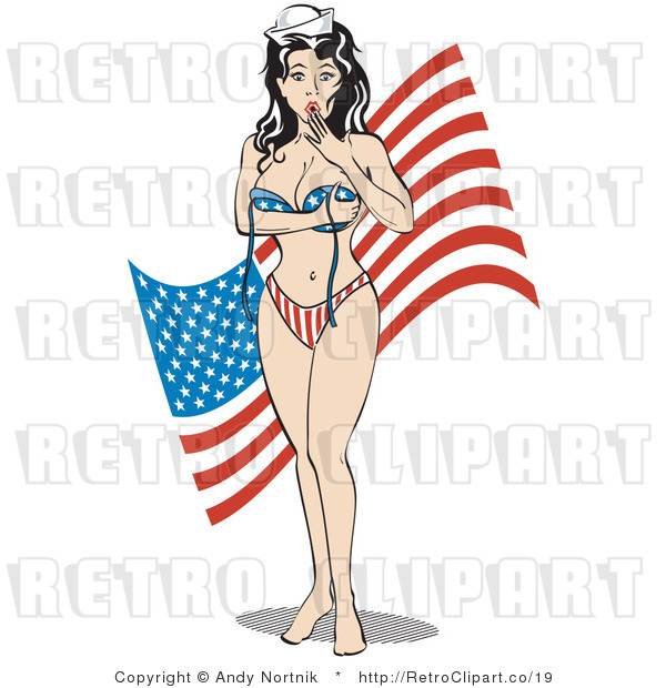 Royalty Free Vector Retro Illustration of a Sexy Brunette Pin-Up Girl Wearing Stars and Stripes Bikini While Looking Surprised As Her Top Falls Off.