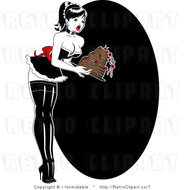 Royalty Free Vector Retro Illustration of a Sexy Pinup Girl Dropping a Chocolate Cake Against Black Background