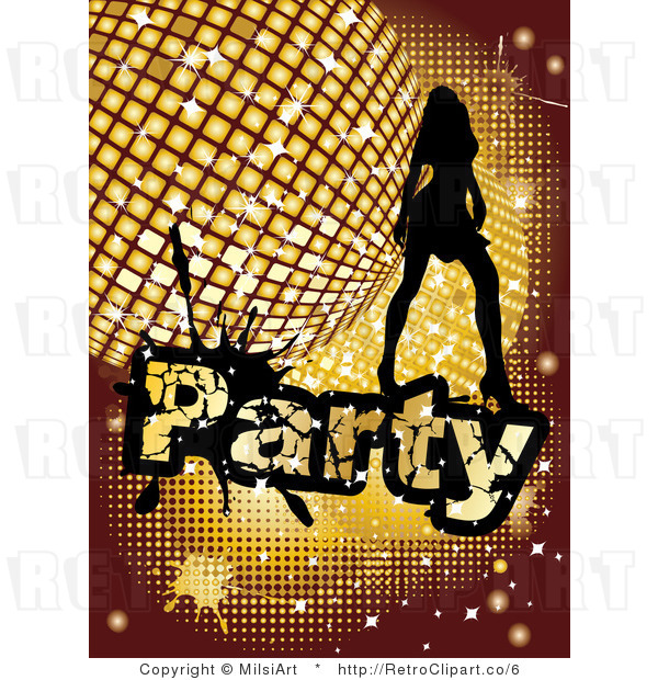 Royalty Free Vector Retro Illustration of a Silhouetted Sexy Girl Dancing over a Golden Disco Party Background