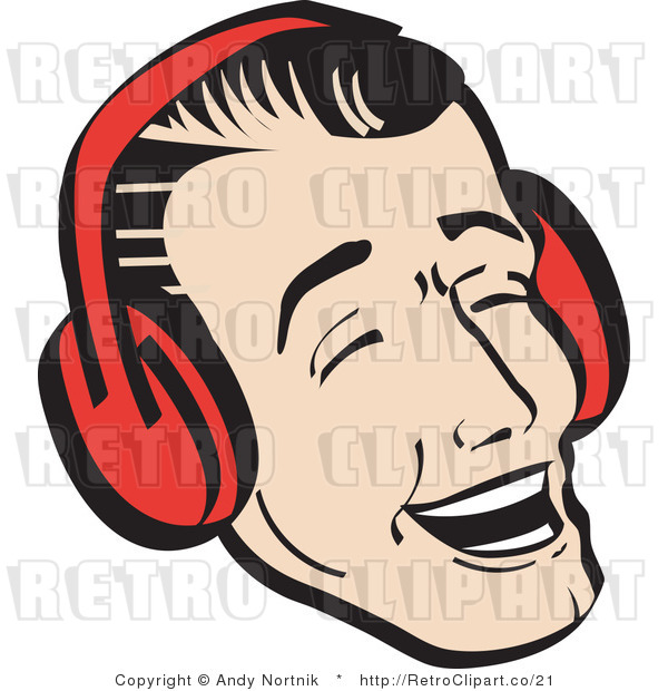 Royalty Free Vector Retro Illustration of a Young Man Laughing While Wearing Ear Muffs During Winter