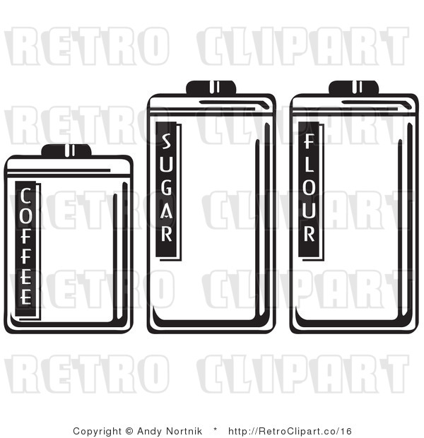 Royalty Free Vector Retro Illustration of Three Black and White Food Storage Containers: Coffee, Sugar and Flour