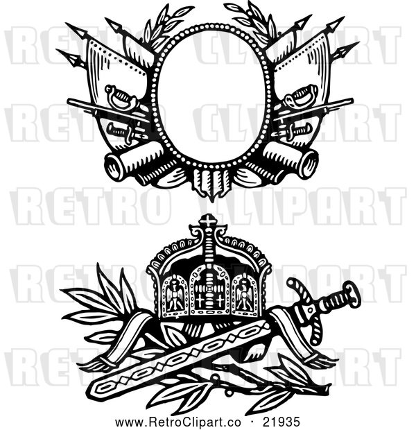 Vector Clip Art of 2 Retro Medieval Sword and Shields - Digital Collage