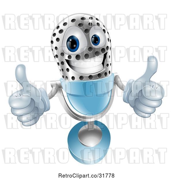 Vector Clip Art of 3d Silver and Blue Microphone Holding Two Thumbs up