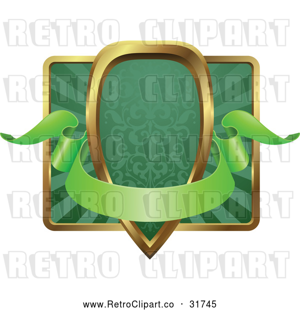 Vector Clip Art of a Blank Retro Green and Gold Banner Shield or Frame
