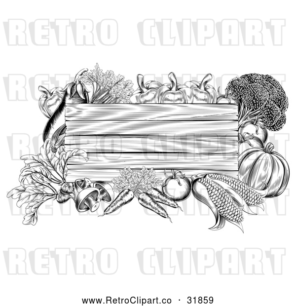Vector Clip Art of a Blank Wood Sign Featured by Fresh Food Produce in Retro Black and White Style