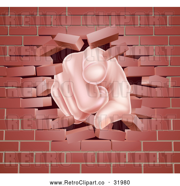 Vector Clip Art of a Cartoon White Hand Pointing Finger While Breaking Through Brick Wall