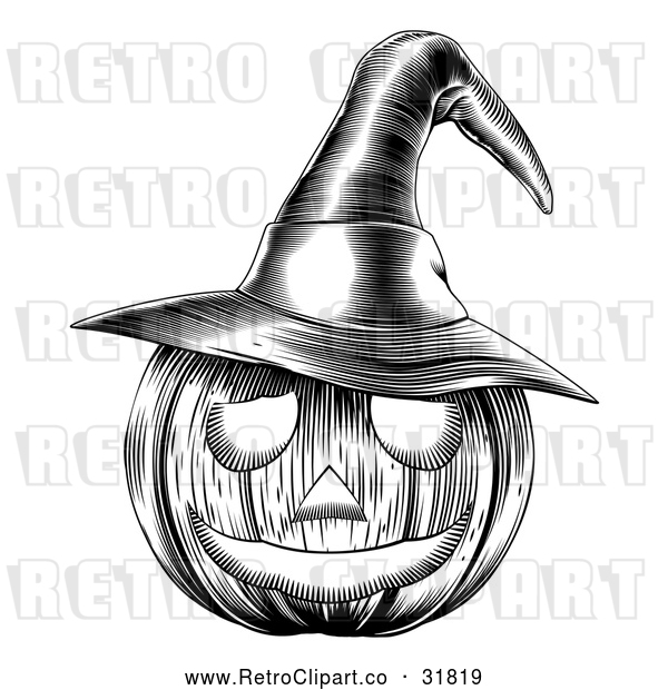 Vector Clip Art of a Carved Retro Halloween Jackolantern Pumpkin Featuring a Witch Hat