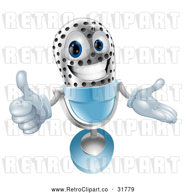 Vector Clip Art of a Determined Retro 3d Silver Blue Microphone with Thumb up While Smiling