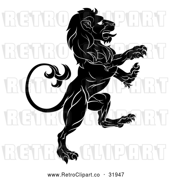 Vector Clip Art of a Determined Retro Black Lion Forwardly Rearing up Aggressively in Confidence