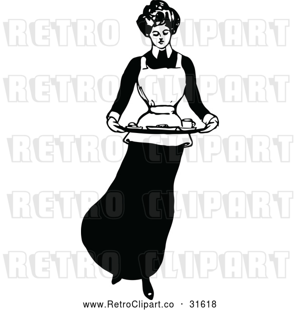 Vector Clip Art of a Domestic Retro Housewife Maid Carrying Food Platter